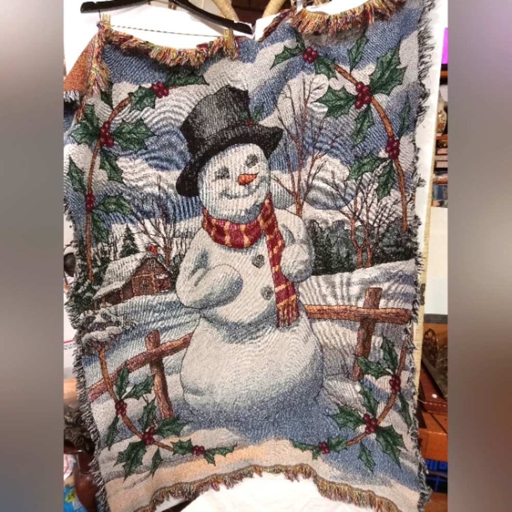Christmas Vintage Jaquard Throw Blanket Snowman Winter Scenery 45x59"2